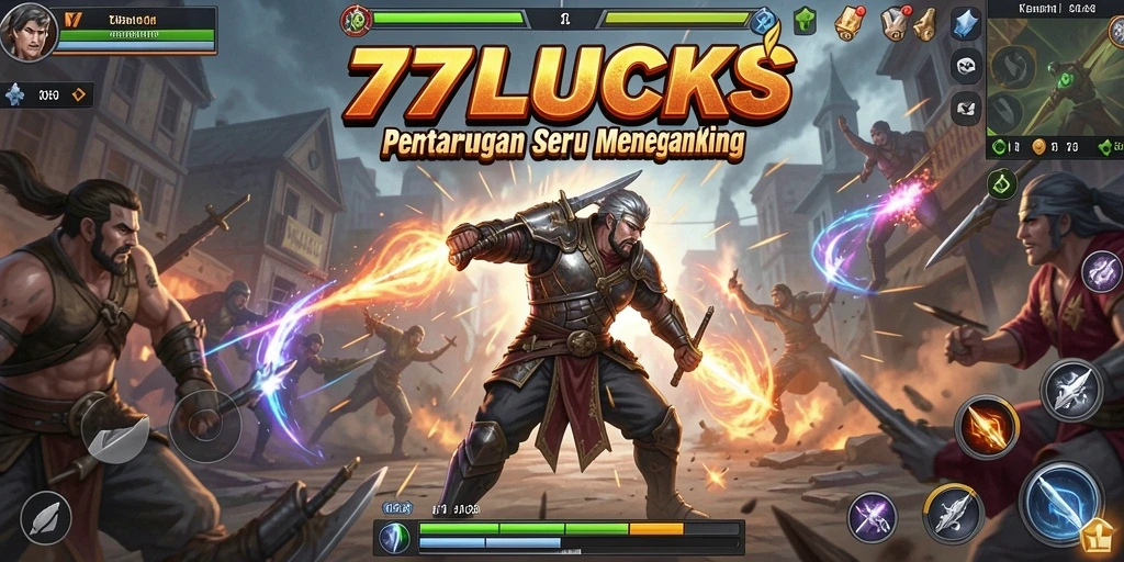 Screenshot 77LUCKS menunjukkan pertarungan intens antara karakter di arena.