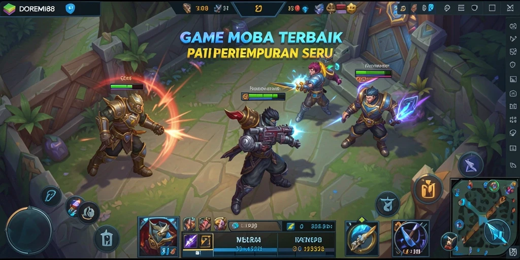 Screenshot DOREMI88 menampilkan aksi pertempuran seru dalam game MOBA.