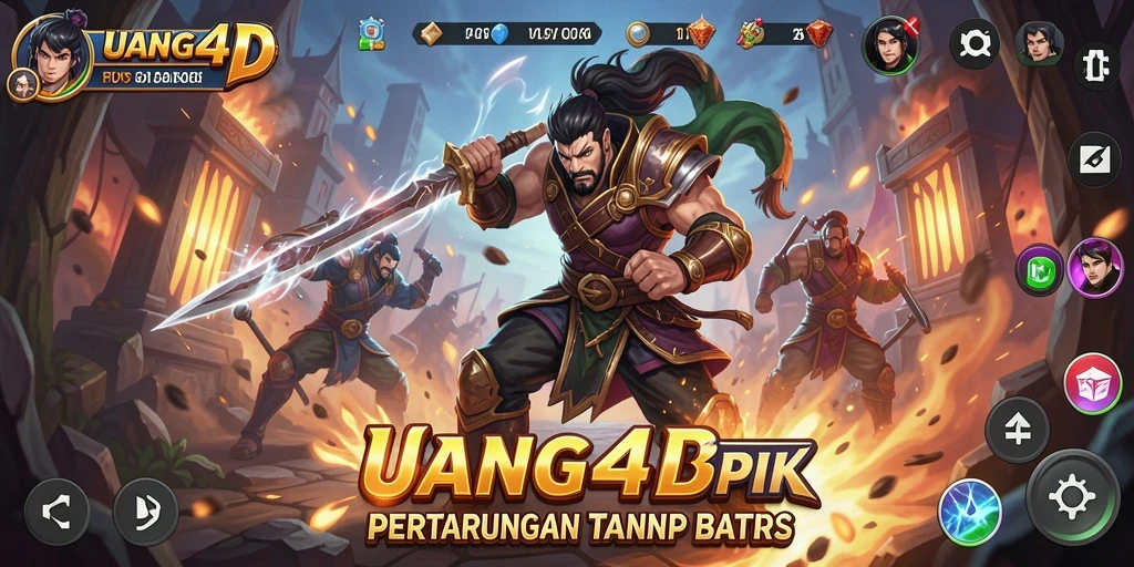 Tangkapan layar utama <strong>UANG4D</strong> menunjukkan pertarungan seru antara karakter di arena.
